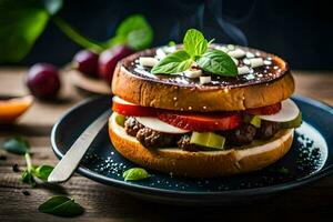 a hamburger with cheese, tomatoes and basil. AI-Generated photo