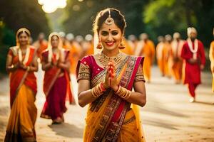 indio novia en tradicional sari. generado por ai foto