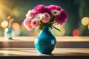 a blue vase with pink flowers on a table. AI-Generated photo