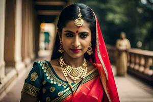 hermosa indio novia en tradicional rojo sari. generado por ai foto