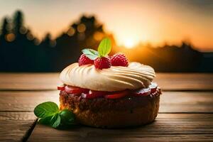 a cupcake with raspberry on top on a wooden table. AI-Generated photo