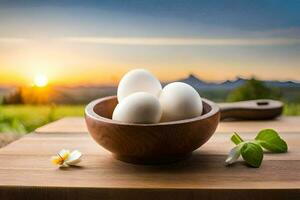 eggs in a bowl on a table. AI-Generated photo