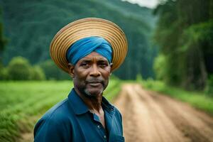 a man wearing a turban on a dirt road. AI-Generated photo