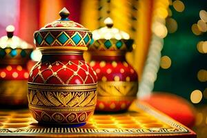 three colorful vases on a table with a red background. AI-Generated photo
