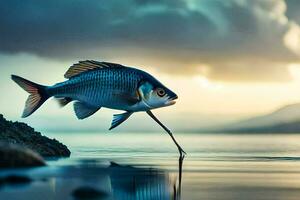 un pescado es en pie en el borde de el agua. generado por ai foto