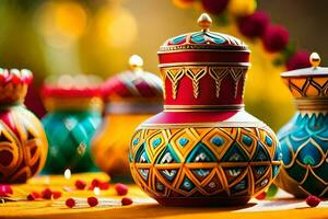 colorful vases with candles on a table. AI-Generated photo