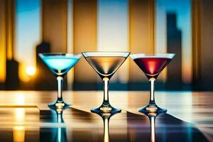 three martini glasses on a table with a city skyline in the background. AI-Generated photo