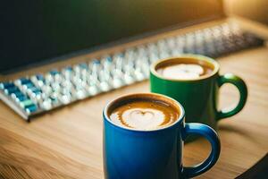 dos café tazas en un escritorio con un teclado. generado por ai foto