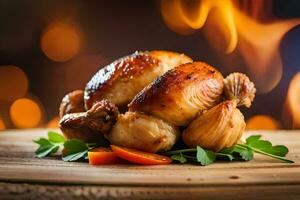 a chicken on a wooden cutting board with a fire in the background. AI-Generated photo