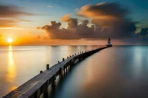 un largo muelle con un faro a puesta de sol. generado por ai foto