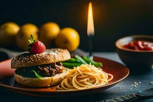 a burger and spaghetti on a plate with a candle. AI-Generated photo