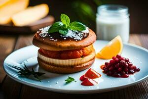 un emparedado con queso, Fruta y Leche en un lámina. generado por ai foto