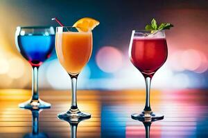 three glasses of different colored drinks on a table. AI-Generated photo