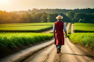 a man in a red vest and straw hat walking down a dirt road. AI-Generated photo