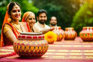 un grupo de personas en tradicional indio atuendo son sentado alrededor un mesa con ollas. generado por ai foto