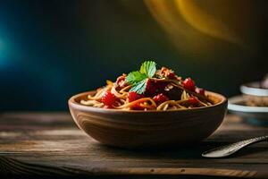 a bowl of pasta with tomatoes and basil on a wooden table. AI-Generated photo