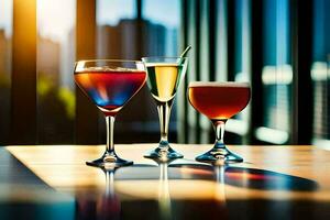 three glasses of different colored drinks on a table. AI-Generated photo
