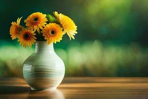 a vase with yellow flowers on a table. AI-Generated photo