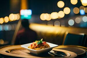 a bowl of pasta is on a table in a restaurant. AI-Generated photo