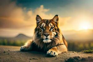 a tiger is sitting on the ground at sunset. AI-Generated photo