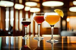 three glasses of different drinks sit on a table. AI-Generated photo