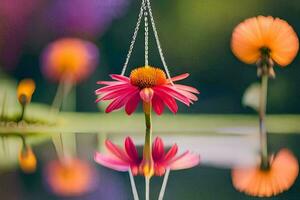 a pink flower hanging from a chain over water. AI-Generated photo