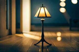 a lamp on a table in a dark room. AI-Generated photo