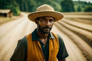 a man wearing a hat and vest standing in a dirt road. AI-Generated photo