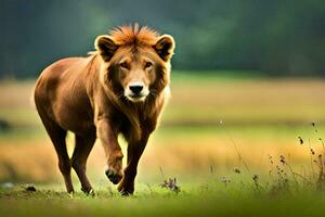 un león caminando a través de un campo. generado por ai foto