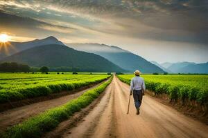 a man walking down a dirt road in a field. AI-Generated photo