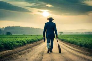 a man in a suit walks down a dirt road with a shovel. AI-Generated photo