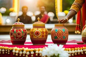 a man is placing a pot on a table with other pots. AI-Generated photo