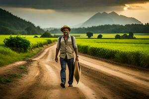 a man walking down a dirt road with a bag. AI-Generated photo