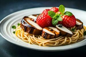 a plate of spaghetti with meat, strawberries and basil. AI-Generated photo
