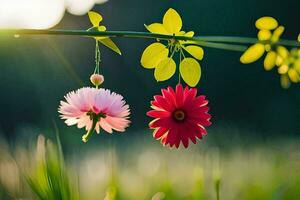 two pink flowers hanging from a branch in the grass. AI-Generated photo