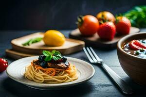 spaghetti with meat and vegetables on a wooden table. AI-Generated photo
