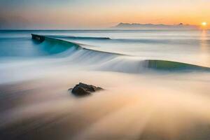 a long exposure photograph of waves crashing into the shore. AI-Generated photo