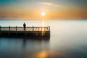 a man stands on a pier looking at the sun. AI-Generated photo