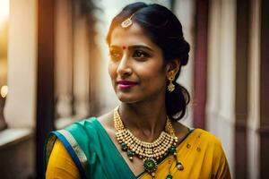 a woman in a sari and jewelry. AI-Generated photo