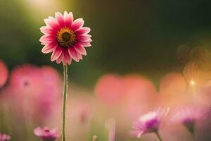 a pink flower stands out in the middle of a field. AI-Generated photo