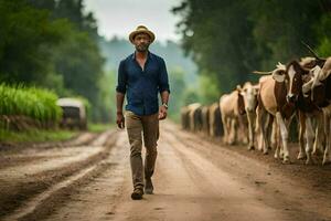 un hombre caminando abajo un suciedad la carretera con vacas generado por ai foto