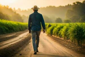 a man walking down a dirt road in a field. AI-Generated photo