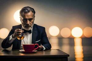 un hombre en un traje y Corbata sentado a un mesa con un taza de té. generado por ai foto