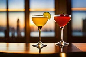 two cocktails sit on a table in front of a window. AI-Generated photo