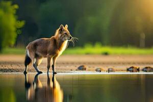 a fox standing on the shore of a lake. AI-Generated photo