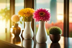 flowers in vases on a table. AI-Generated photo