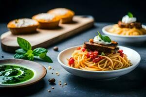 spaghetti with meatballs and pesto sauce on a dark table. AI-Generated photo