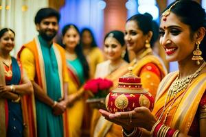 un mujer en tradicional indio atuendo participación un maceta. generado por ai foto