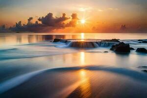 sunset over the ocean with waves and rocks. AI-Generated photo