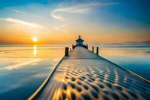 el Dom sube terminado el agua y muelle a puesta de sol. generado por ai foto